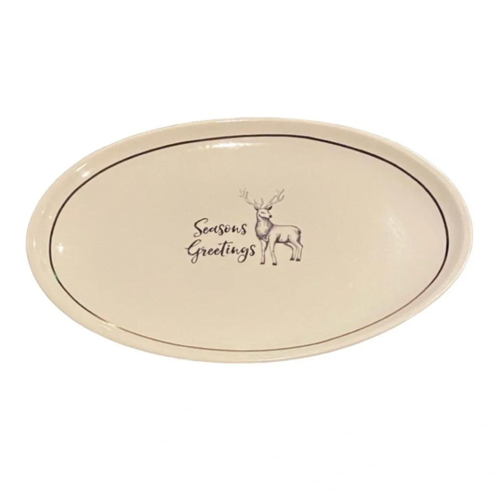 American Atelier Season's Greetings Oval Platter - White with Deer. Ceramic.